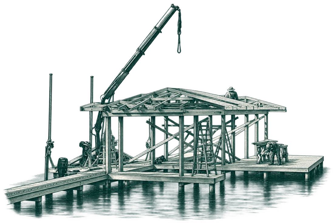 Green ink illustration of dock roof framing and a crane, based on a Warren Marine project photograph